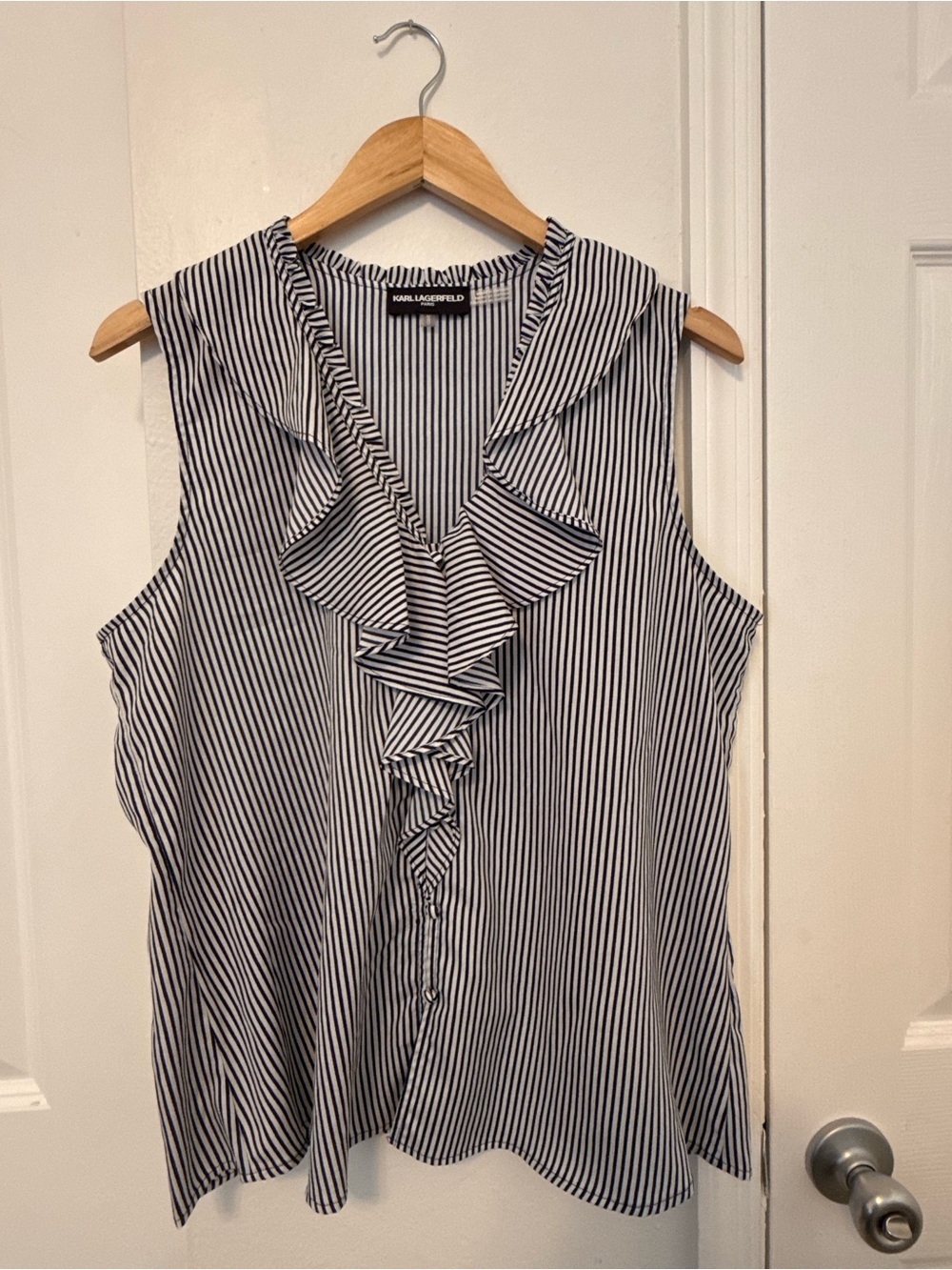 Karl Lagerfeld Navy & White Striped Ruffle-Trim Top